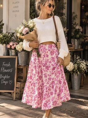 Lauren Conrad Floral Midi Skirt in Pink & White Size Medium